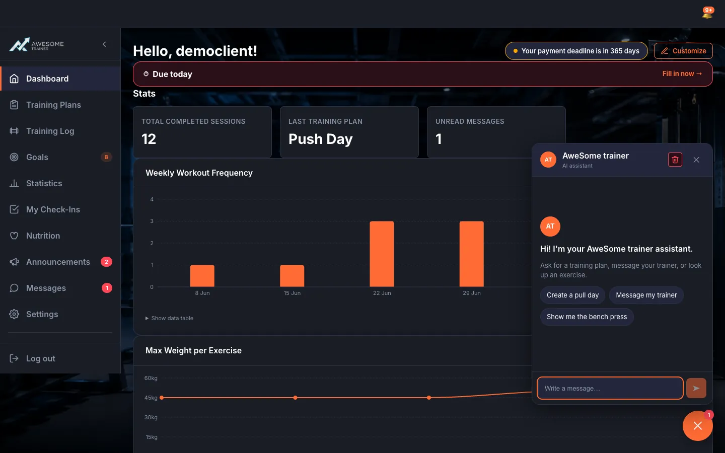 The chat panel: "AweSome trainer / AI assistant" header, the greeting with the suggestion chips ("Create a pull day", "Message my trainer", "Show me the bench press"), and the "Write a message…" field with the "Send" button at the bottom.