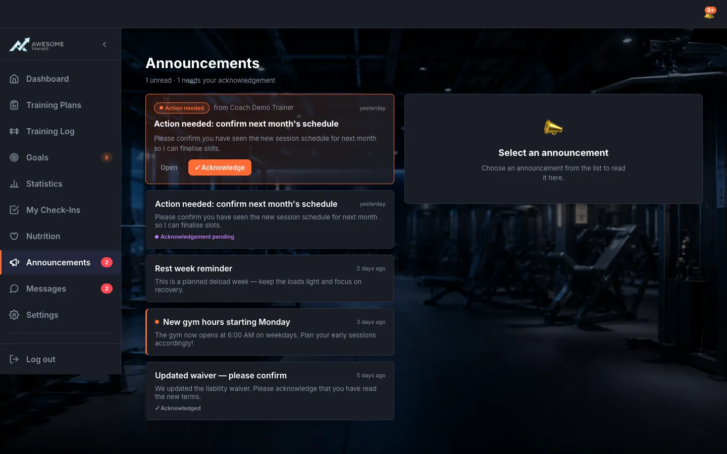 The "Action needed" banner (on the dashboard) with the trainer's announcement requiring acknowledgement ("from Coach …") and the "Open" and "Acknowledge" buttons.