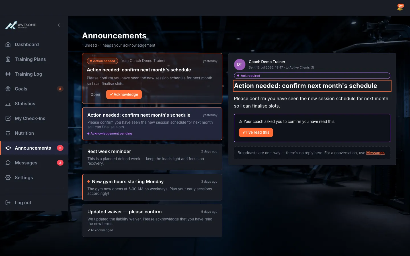 An announcement's detail with the "Ack required" section and the "I've read this" button, and the post-acknowledgement "Thanks — your coach can see you acknowledged this." state with the timestamp ("Acknowledged …").