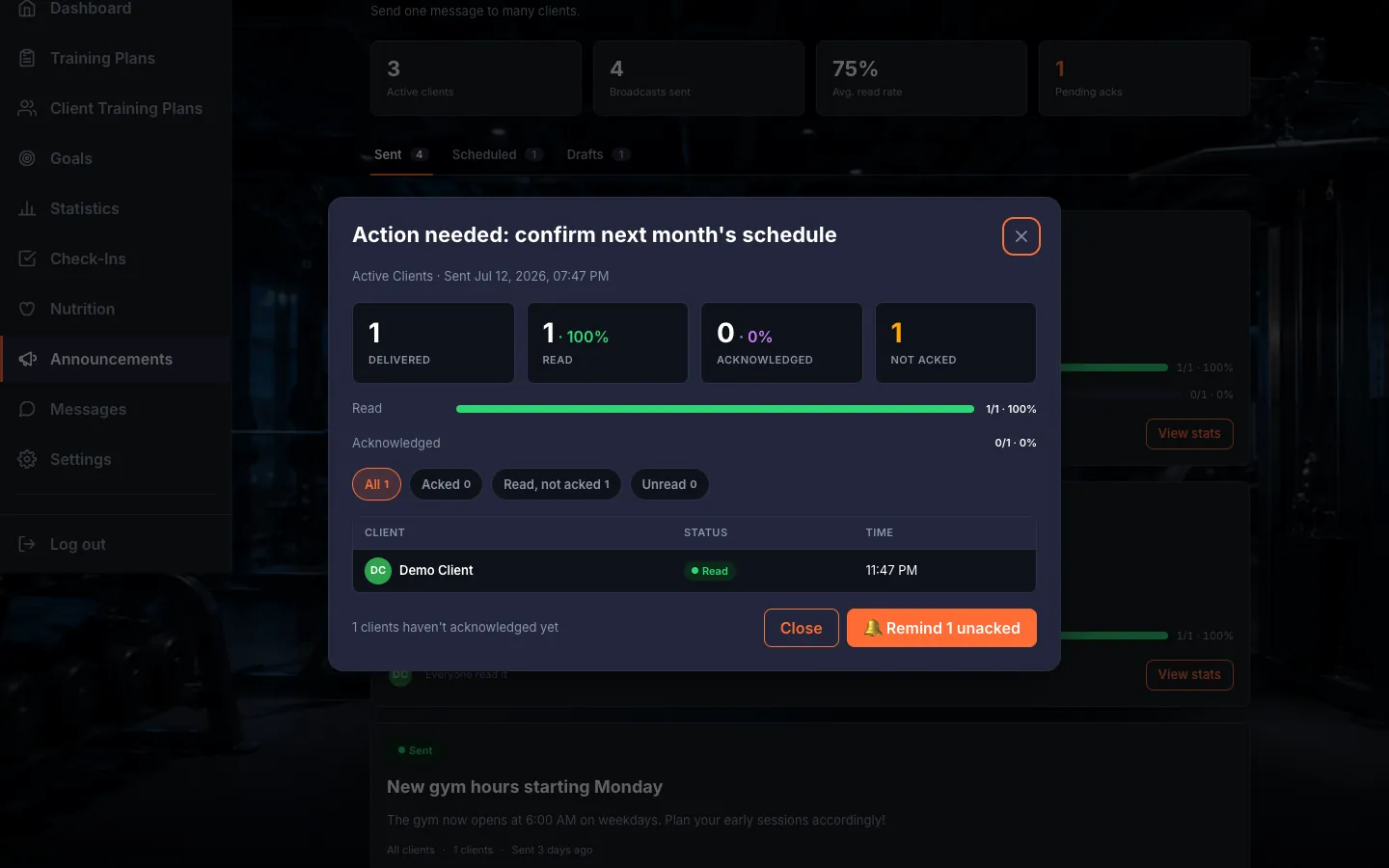 The "Broadcast stats" panel ("Sent …"): the Delivered/Read/Acknowledged/Not acked tiles, the filterable recipient table (Client, Status, Time; filters: All, Acked, Read not acked, Unread) and the "Remind … unacked" button.