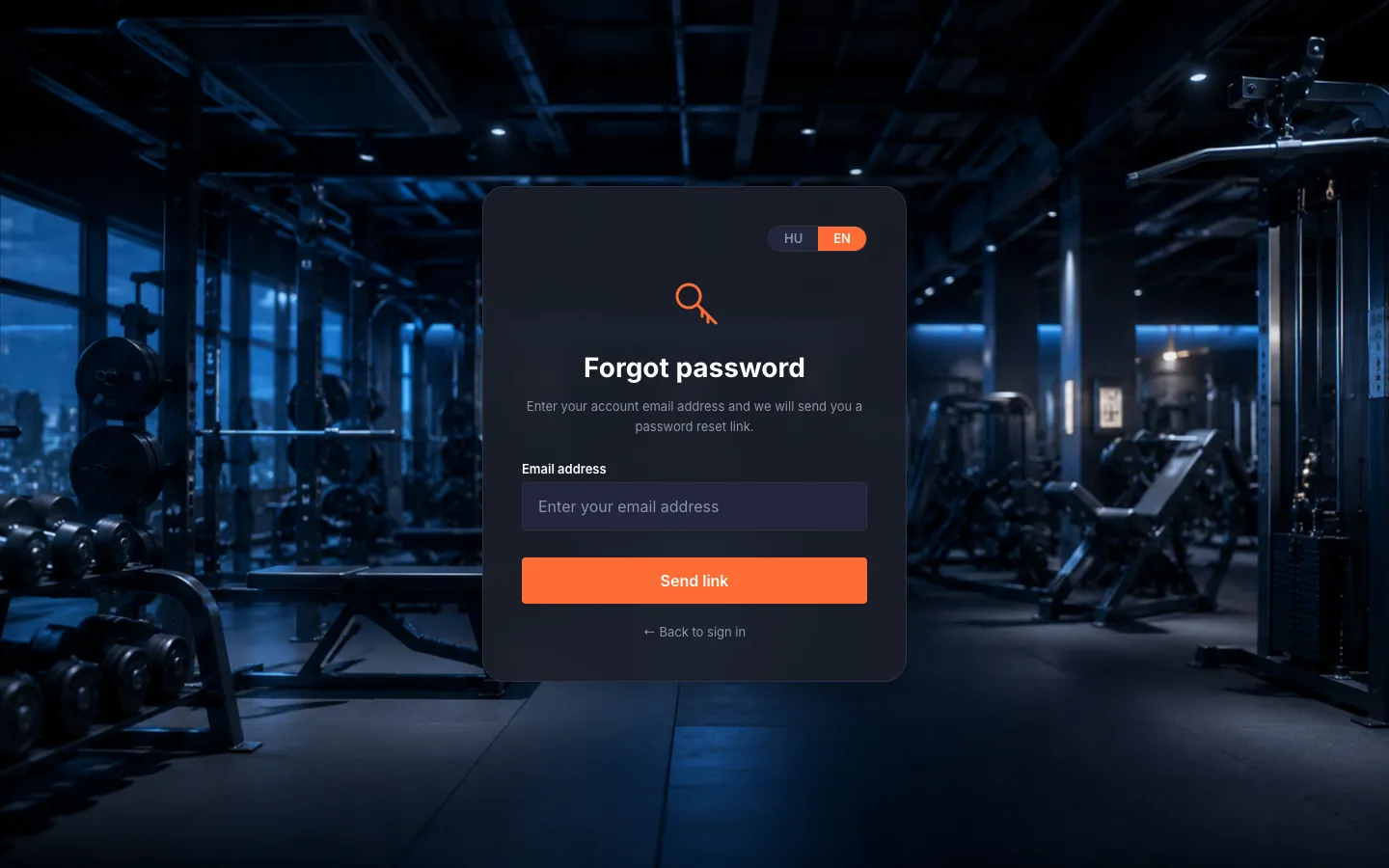 The forgot-password form: description, "Email address" field, "Send link" button, "← Back to sign in" link.