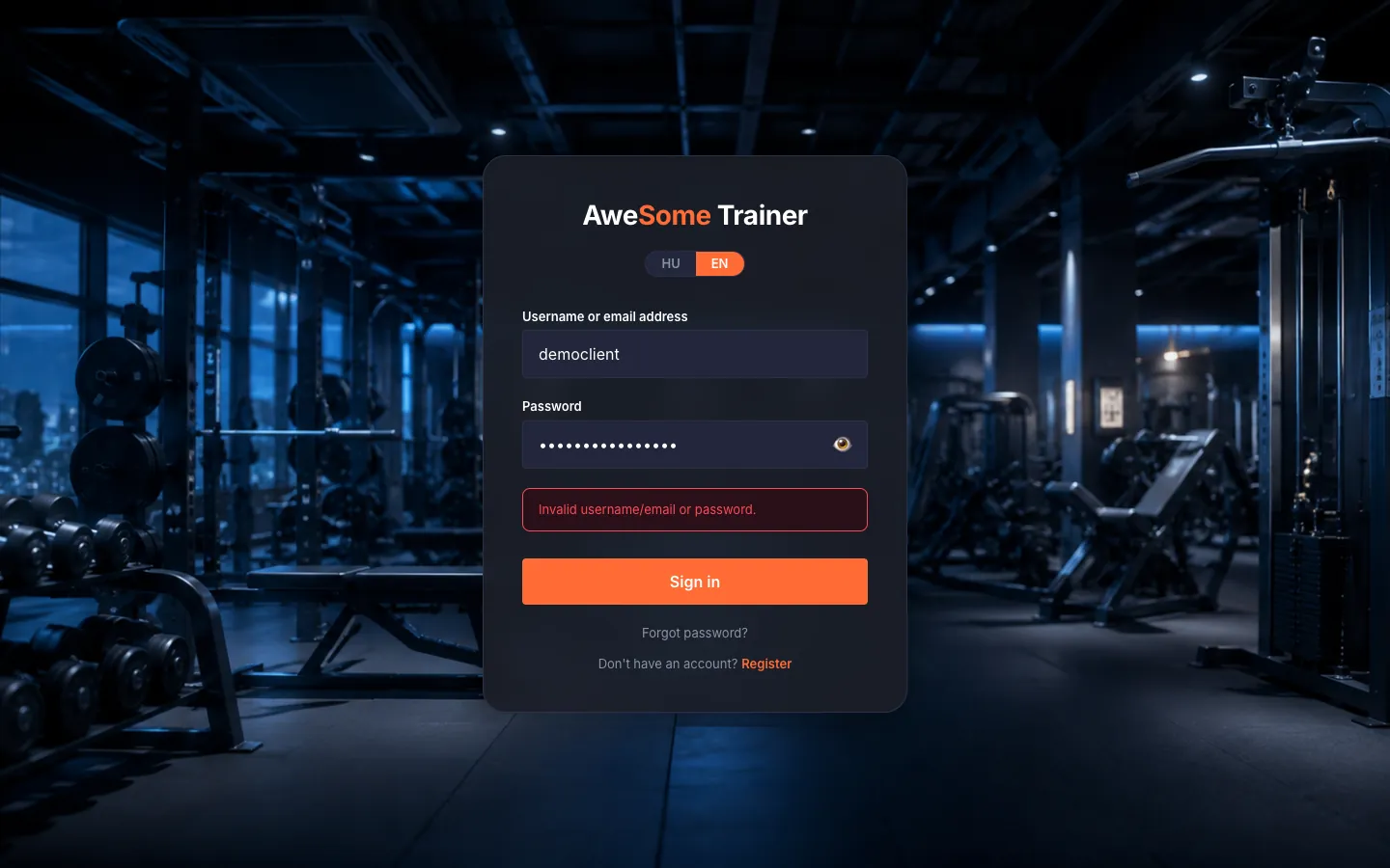 The login screen with the error message "Invalid username/email or password." displayed near the fields.