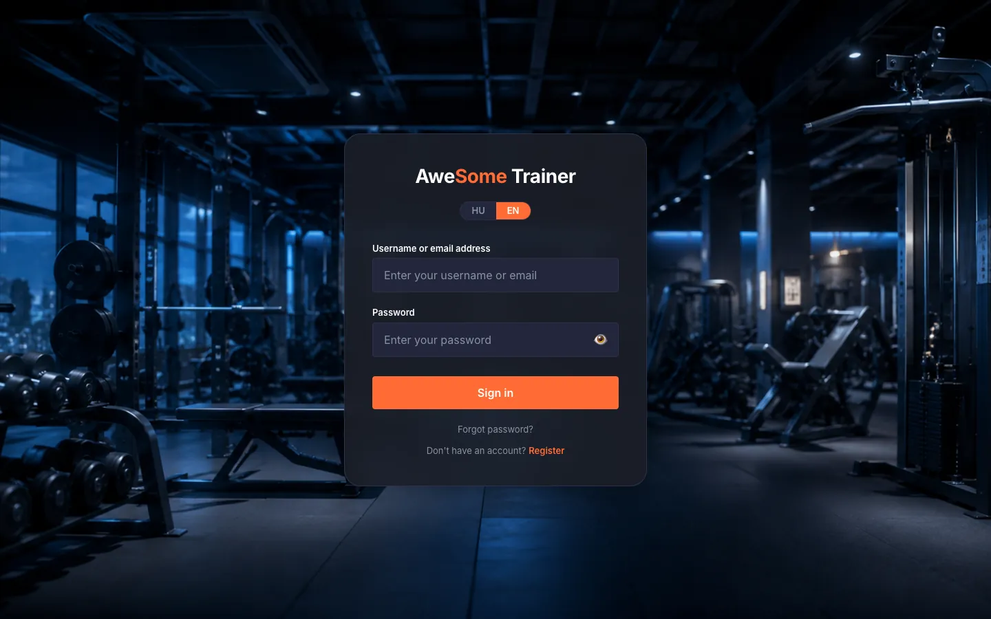 The login screen in its empty state: "Username or email address" and "Password" fields, the "Sign in" button, and below it the "Forgot password?" and "Don't have an account? Register" links.