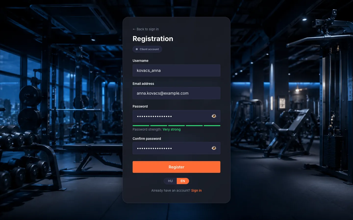 The registration form filled in: account-type chip ("Client account"), Username, Email address, Password (with strength indicator), Confirm password fields, and the "Register" button.