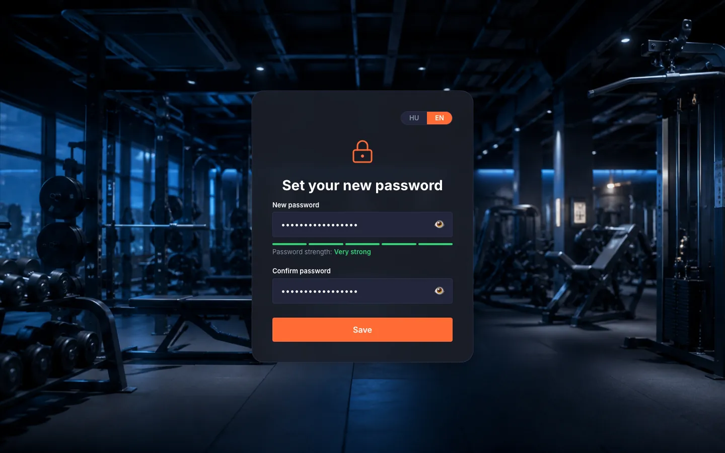 The reset-password form: "New password" (with strength indicator) and "Confirm password" fields, "Save" button.