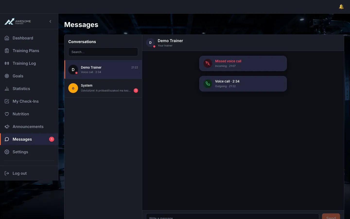 A call card in the conversation: e.g. "Missed voice call" / "Voice call · …", with the direction (Outgoing / Incoming) and the "Call back" / "Call again" button.