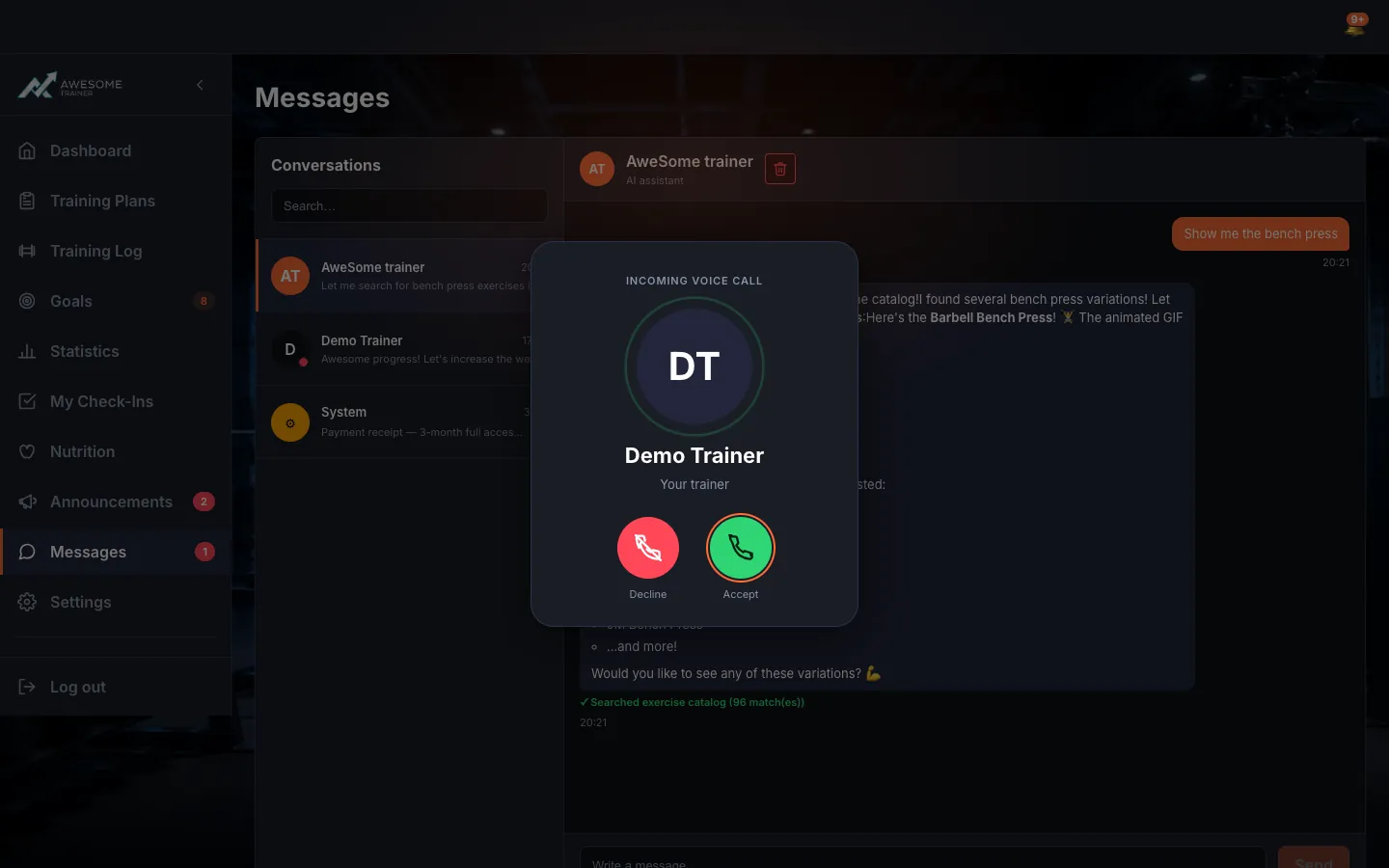 The incoming call overlay: "INCOMING VOICE CALL", the caller's name/role ("Your trainer"), and the "Accept" / "Decline" buttons.