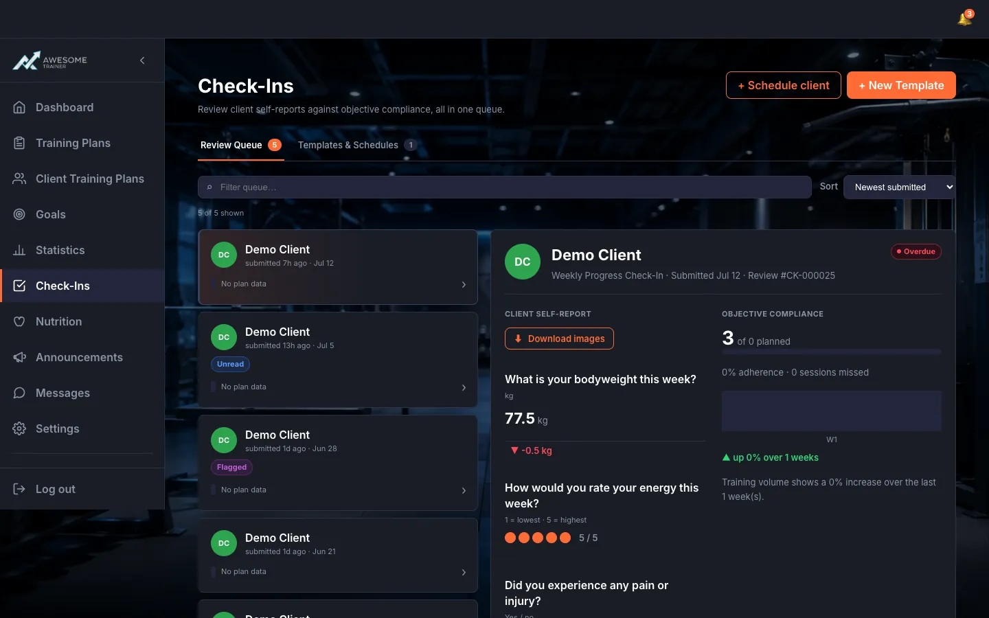 The review pane: the "Client self-report" answers (with photos) on the left, "Objective compliance" (adherence %, missed sessions, trend) on the right, the "Your response to …" field and the "Send & mark reviewed →" button.