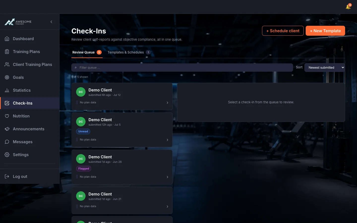 The "Review Queue" tab: the filter and sort at the top, the queue list with items (client, submission time, compliance, badges like "Overdue", "Low compliance", "Flagged problem").