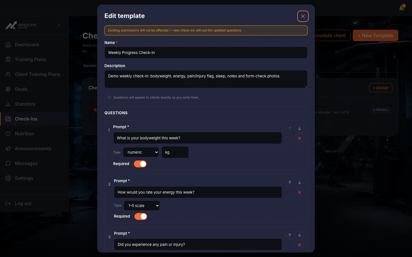 The template editor dialog: "Name", "Description", then the "Questions" list (Prompt, Type, Unit, Required / Flag as concern indicator toggles, up/down/delete), with the "+ Add question" and save buttons.