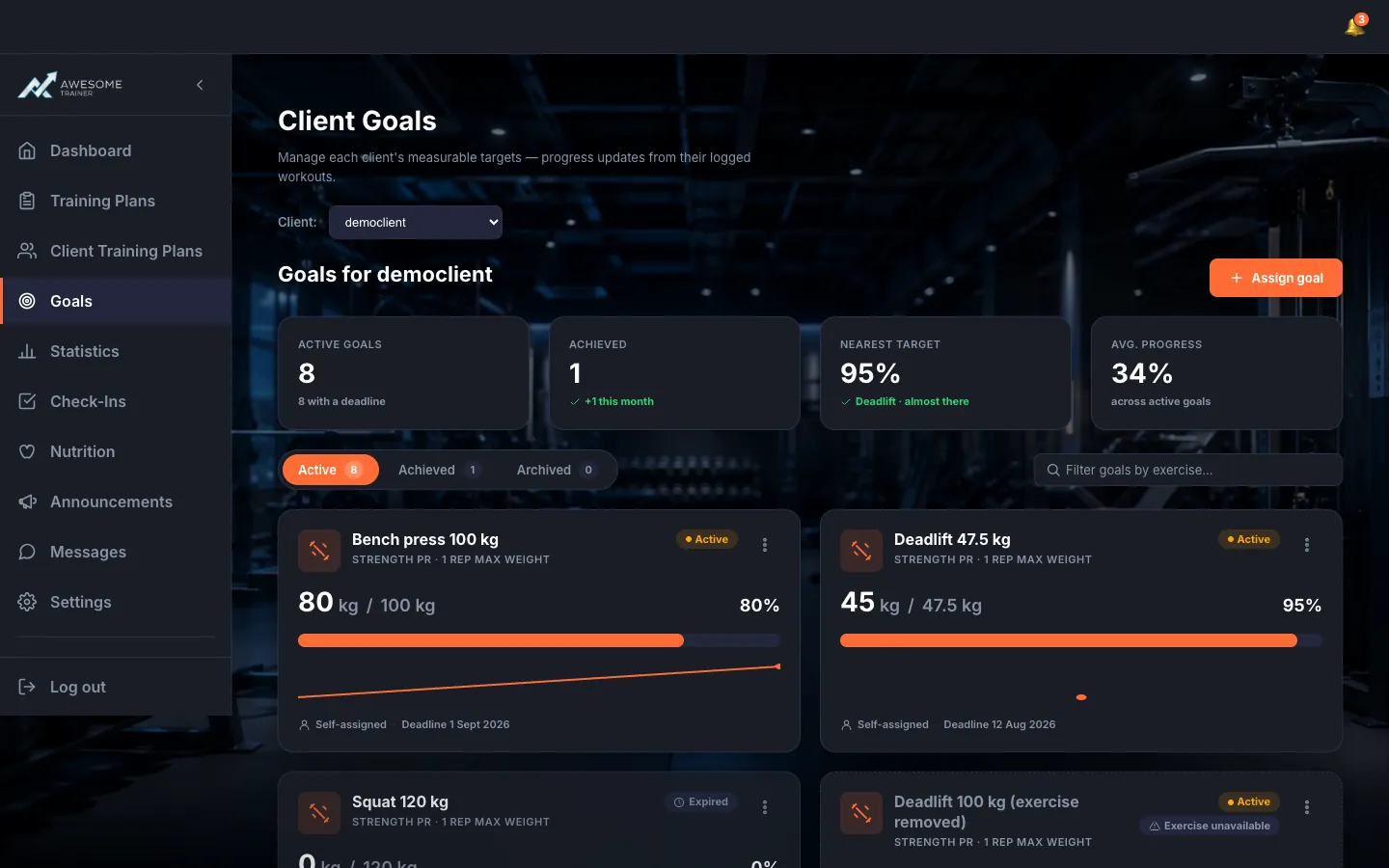 The "Goals for …" page: the "‹ Clients" link at the top, KPI cards, the client's goal cards, and the "Assign goal" button.