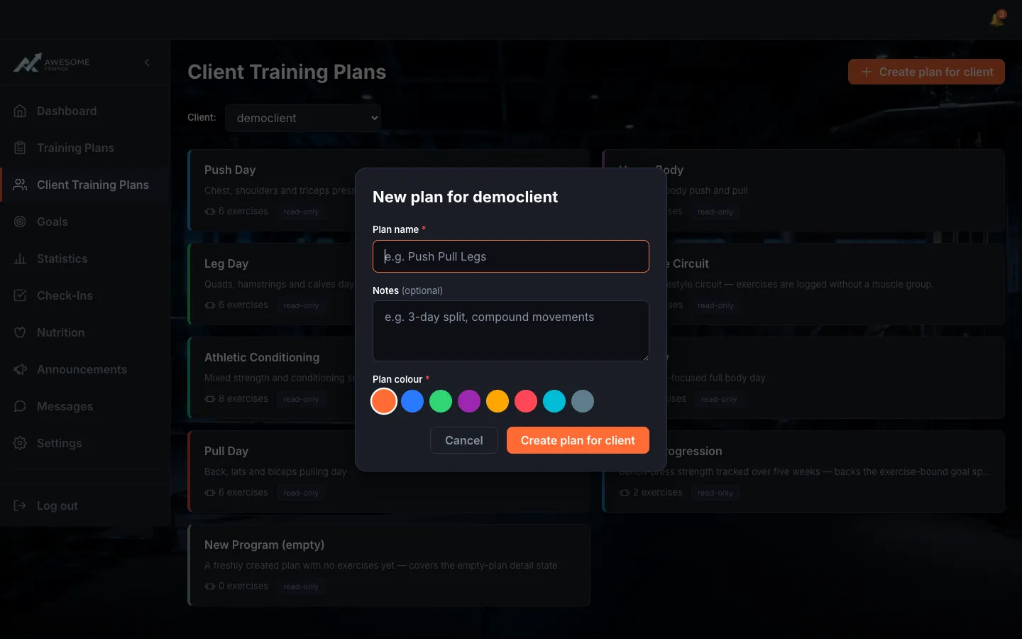 The "New plan for …" dialog with the Plan name, Notes and Plan colour fields, and the create button.