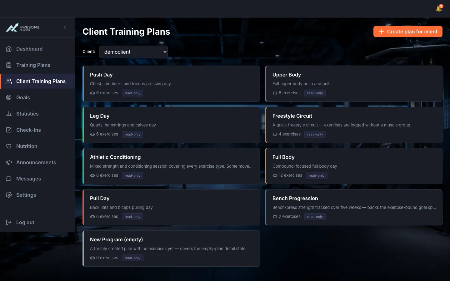 The "Client Training Plans" page: the "Client:" selector with a client selected at the top, the client's training plans list below (some marked "read-only"), and the "Create plan for client" button.