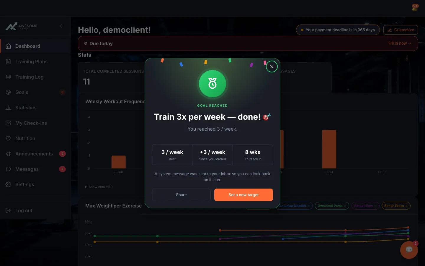 The goal-reached celebration overlay: "Goal reached" / "… — done! 🎯", the Best/Since you started/To reach it stats, and the "Set a new target" button.