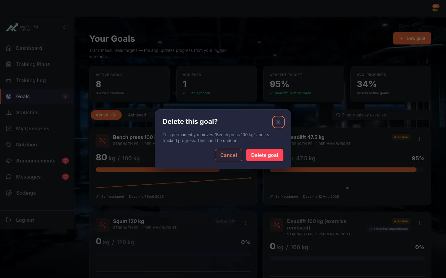 The "Delete this goal?" confirmation dialog with the cannot-be-undone warning, and the "Cancel" and "Delete goal" buttons.