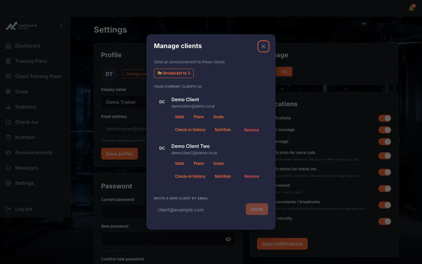 The "Manage clients" dialog: the "Your current clients (…)" list with client rows (Check-in history, Goals, Stats, Plans, Nutrition quick links, Remove), and at the bottom the "Invite a new client by email" field with the "Invite" button.