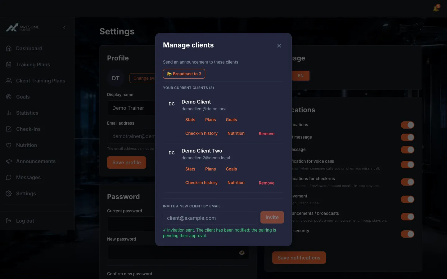 The invite field filled with an email address and the "Invitation sent. The client has been notified; the pairing is pending their approval." feedback after pressing "Invite".