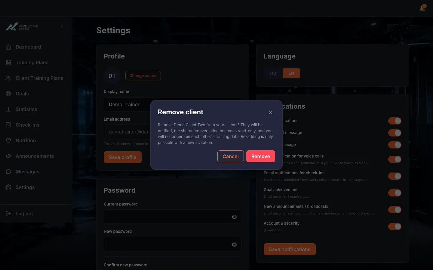 The "Remove client" confirmation dialog with the text describing the consequences (notification, read-only conversation, hidden data) and the "Cancel" / "Remove" buttons.