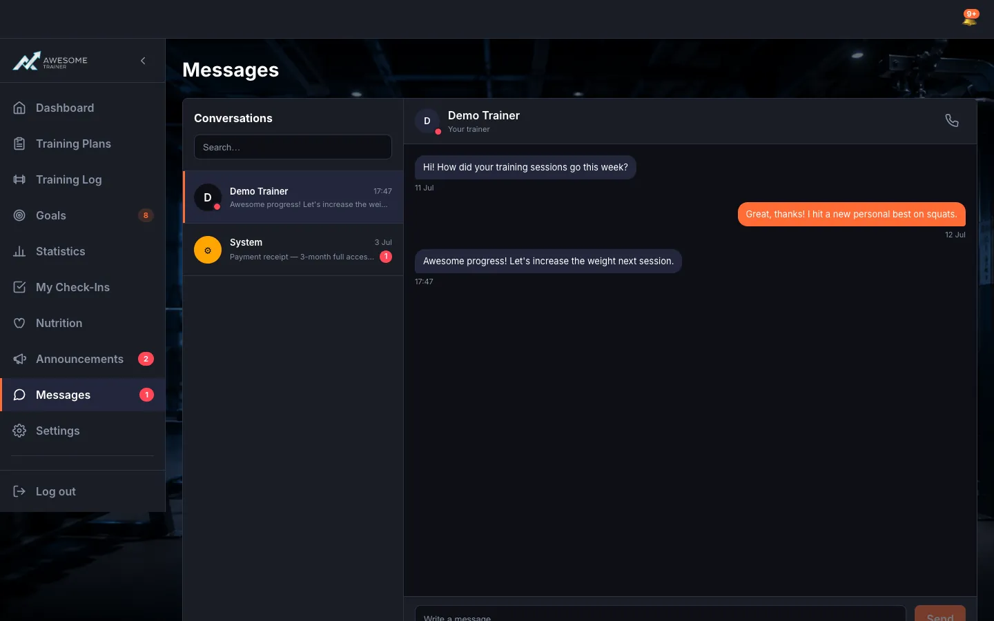 An open conversation: the other party's name/status at the top ("Your trainer" / "Your client"), the message bubbles (yours and the other party's), and the "Write a message…" field with the "Send" button at the bottom.