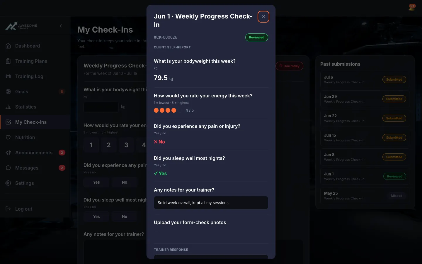 The "Check-in details" read-only dialog: the "Client self-report" answers and — if present — the "Trainer response" / "Plan adjusted" section.