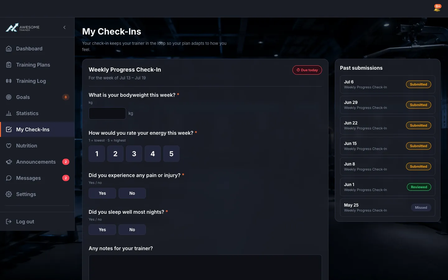 The "My Check-Ins" page with the open form: the due pill ("Due today"), questions of different types (numeric, 1–5 scale, yes/no, text, photo upload), and the "Save & finish later" and "Submit check-in →" buttons at the bottom.