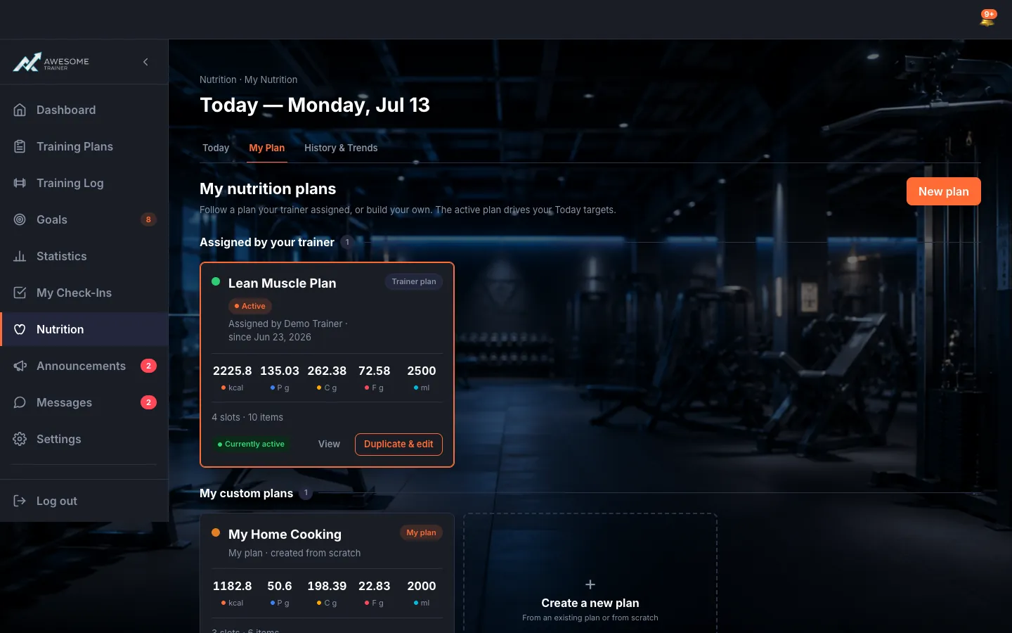 The "My Plan" tab (headed "My nutrition plans"): the "Assigned by your trainer" and "My custom plans" sections with plan cards (calorie/macro/water, active marker, Set active/View/Duplicate & edit/Edit/Delete), and the "New plan" button.