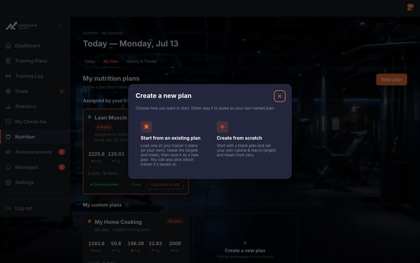 The "Create a new plan" chooser ("Start from an existing plan" / "Create from scratch"), or the plan editor with the Plan name, colour, daily targets and meal template fields, and the "Save as your own plan" button.