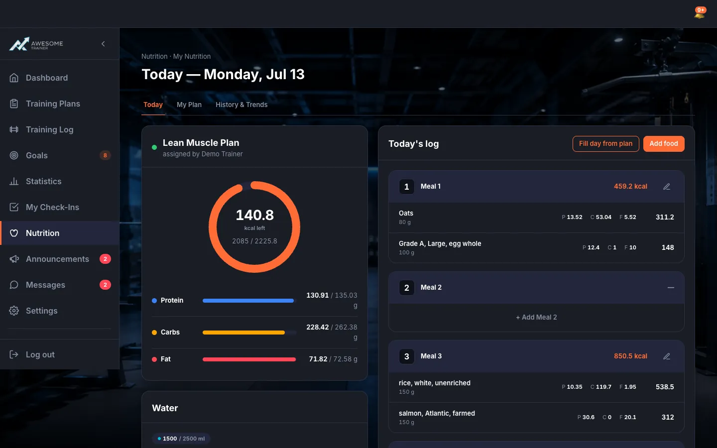 The "Today — …" screen's "Today" tab: the calorie ring (kcal left) and macros (Protein/Carbs/Fat), the Water card with cups, and "Today's log" with the 6 meal slots, "+ Add …" buttons and the "Fill day from plan" option.