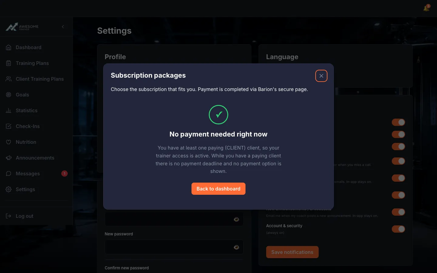 The "No payment needed right now" view with the "… active, paying clients" indicator and the "Back to dashboard" button.