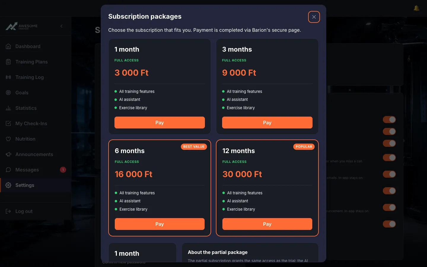 The "Subscription packages" cards: duration ("… months"), type (FULL ACCESS / PARTIAL), features, "BEST VALUE"/"POPULAR" ribbon and the "Pay" button.