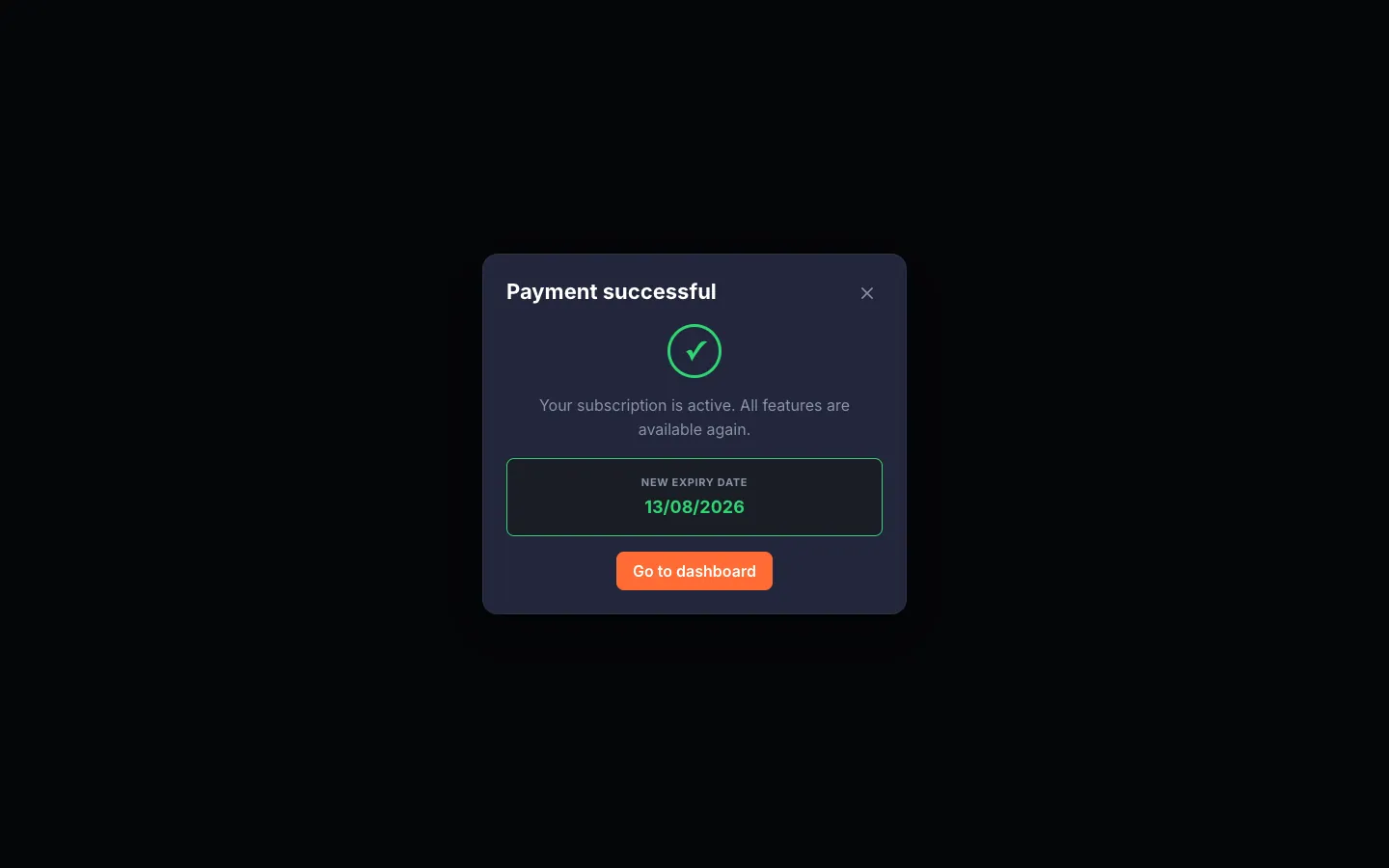 The "Payment successful" state with the "New expiry date" value and the "Go to dashboard" button.