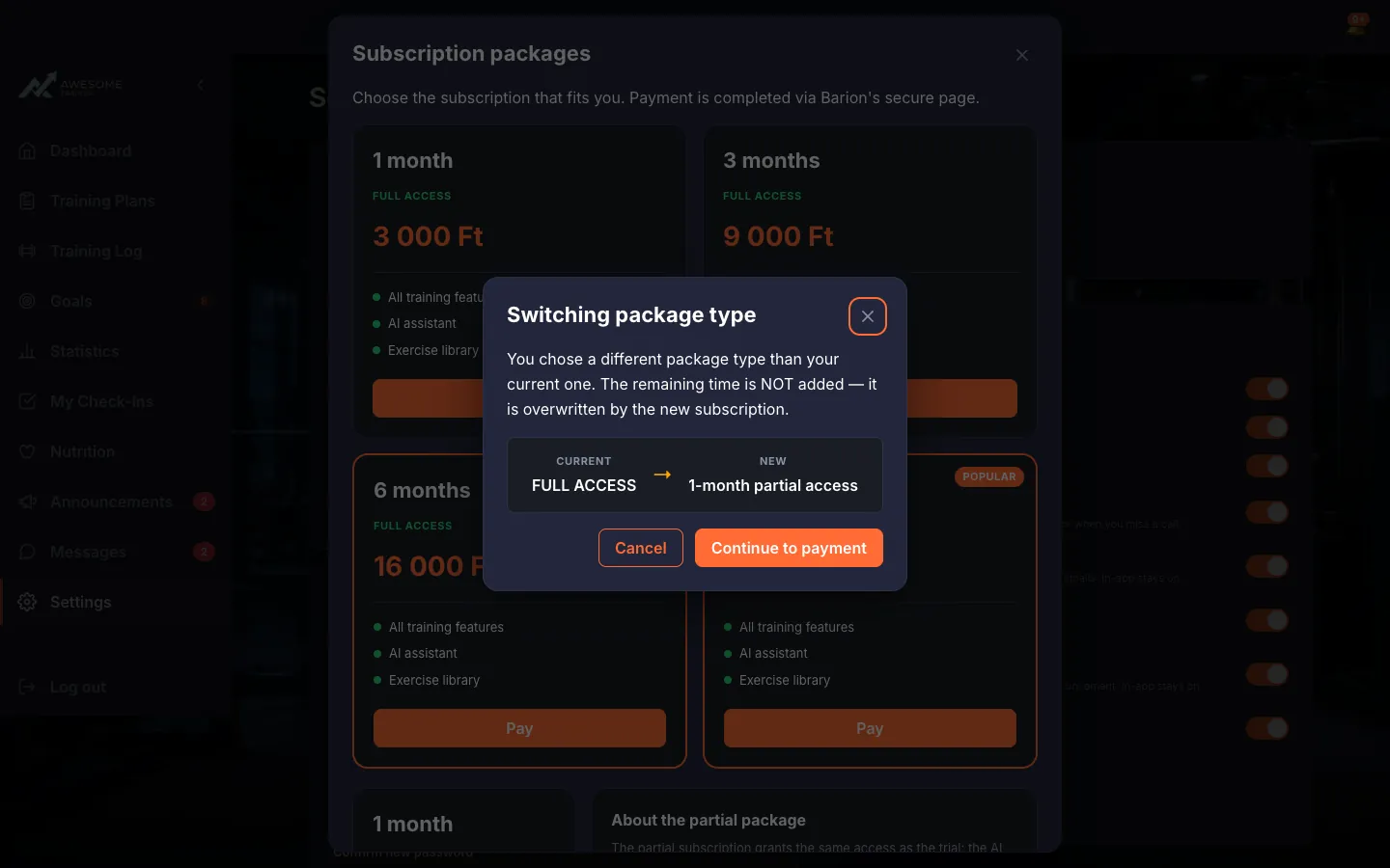 The "Switching package type" warning dialog with the "CURRENT" / "NEW" comparison and the "Continue to payment" button.