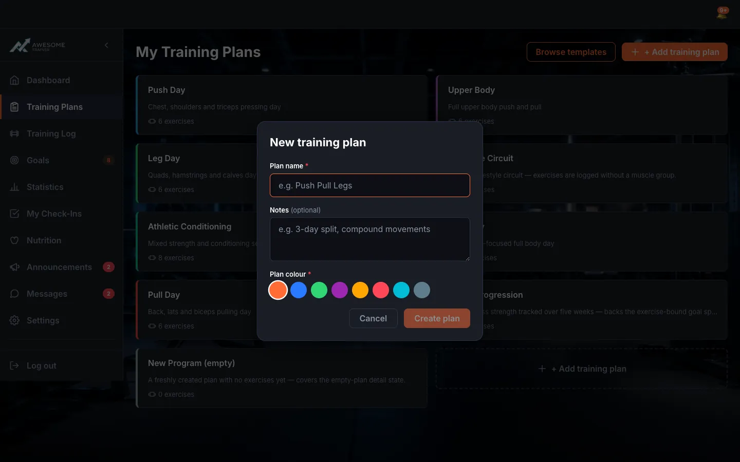 The "New training plan" dialog: "Plan name" (with placeholder), "Notes", "Plan colour" fields and the "Create plan" button.