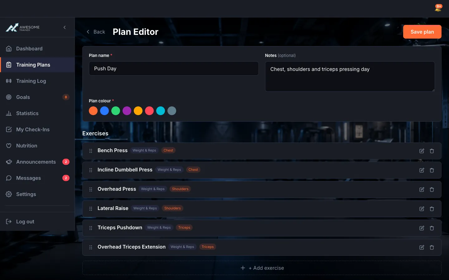 The plan editor: "Plan details" at the top (name, notes, colour), the "Exercises" list below with several exercises (drag handle, Move up/down, Edit/Delete), and the "+ Add exercise" and "Save plan" buttons.