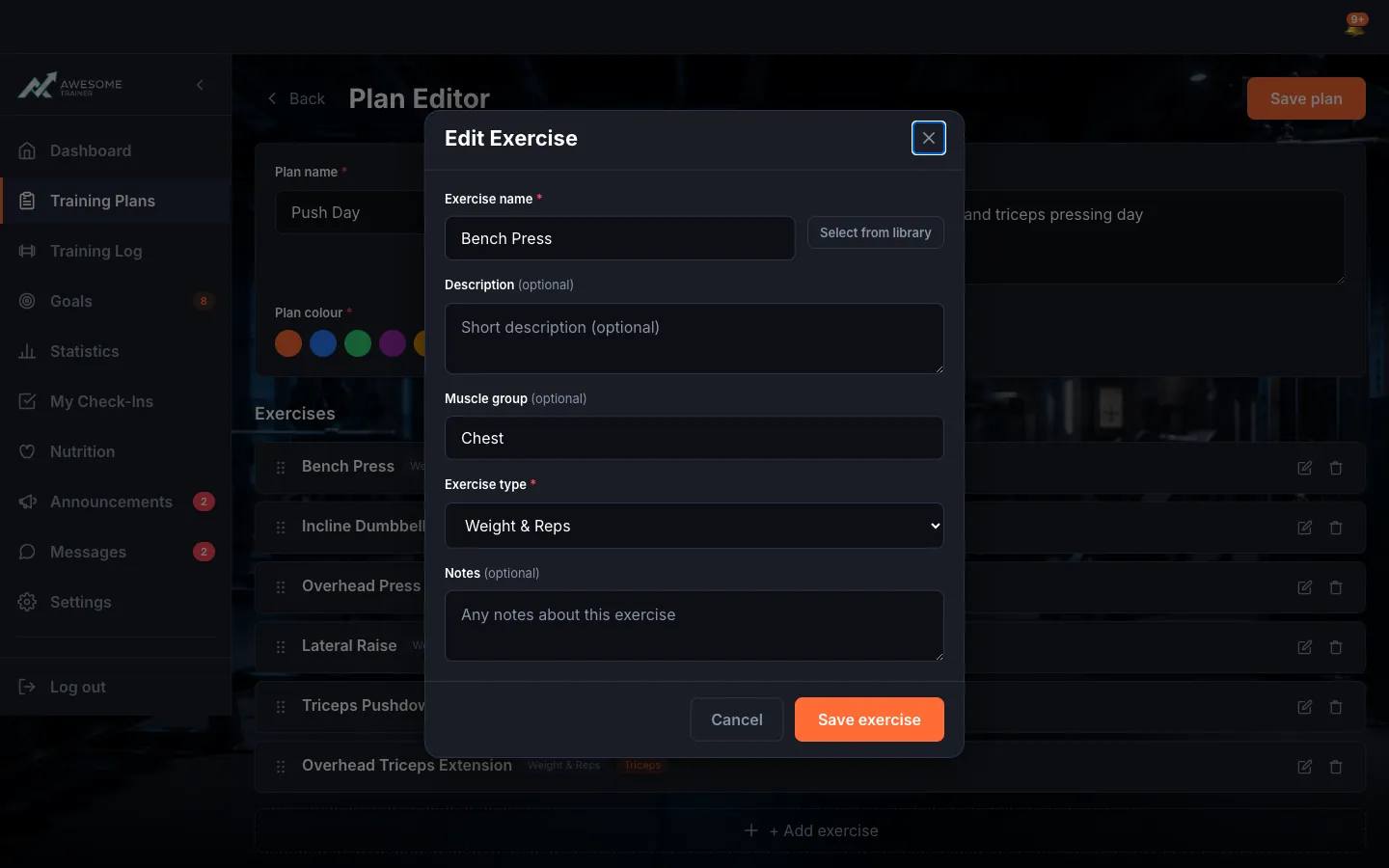 The exercise form sheet: "Exercise name", "Exercise type" (dropdown), "Muscle group", "Description", "Notes" fields, with the "Select from library" and "Save exercise" buttons.