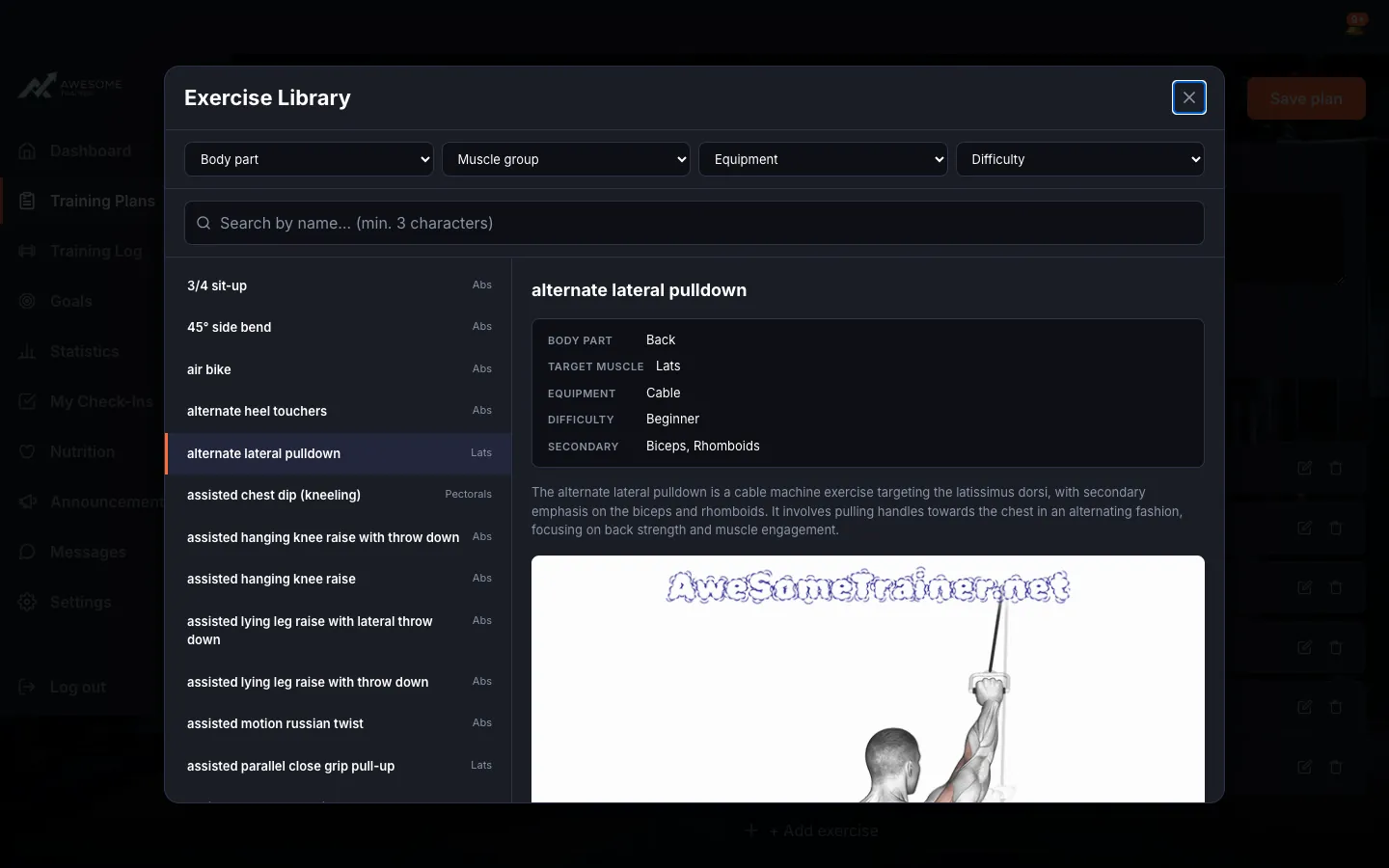 The "Exercise Library" window: search bar, Body part/Muscle group/Equipment/Difficulty filters, the results list, a selected exercise's details on the right (Body part, Target muscle, Equipment, Difficulty, Secondary), and the "Select exercise" button.