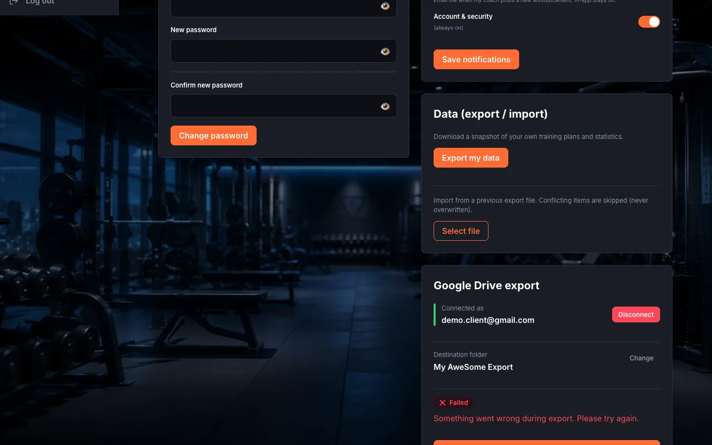 The "Data (export / import)" card: "Export my data", the "Select file" import, and the "Google Drive export" part (Connect Google, Choose folder, Export now, Disconnect).