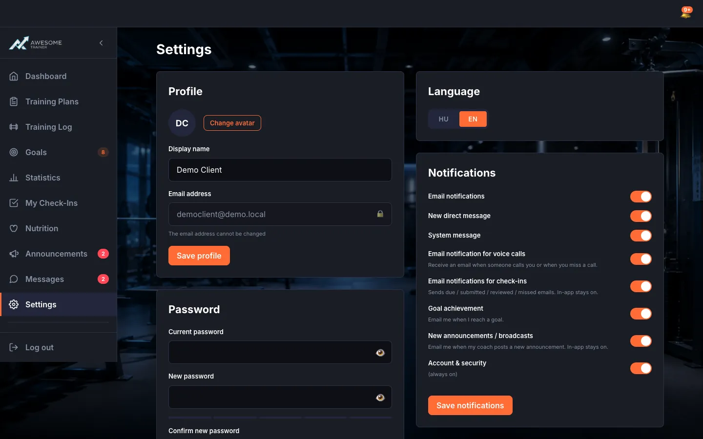 The "Notifications" card: the email notification toggles (New direct message, System message, voice calls, check-ins, Goal achievement, New announcements) and the "Save notifications" button.