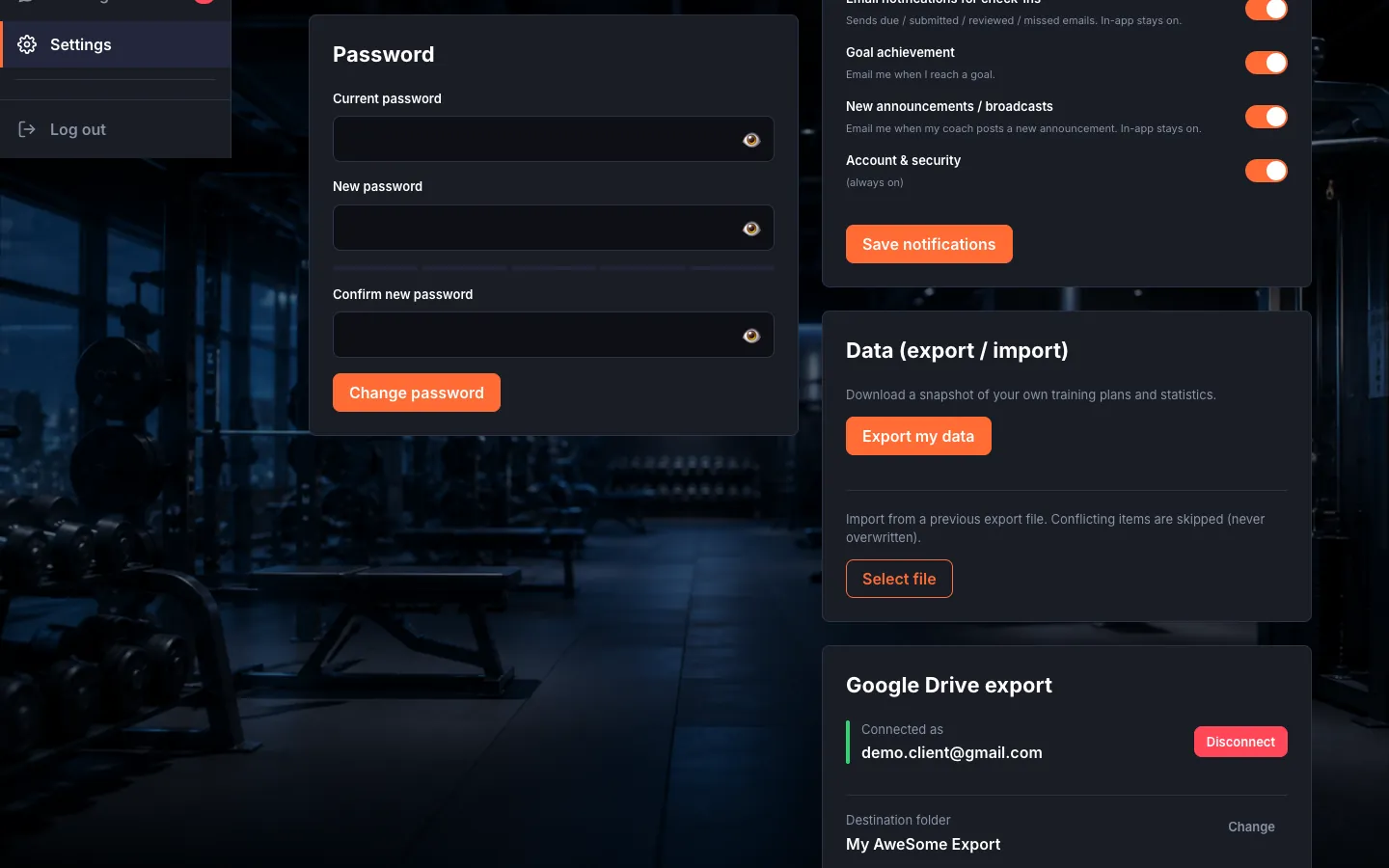 The "Password" card: the "Current password", "New password", "Confirm new password" fields and the "Change password" button.