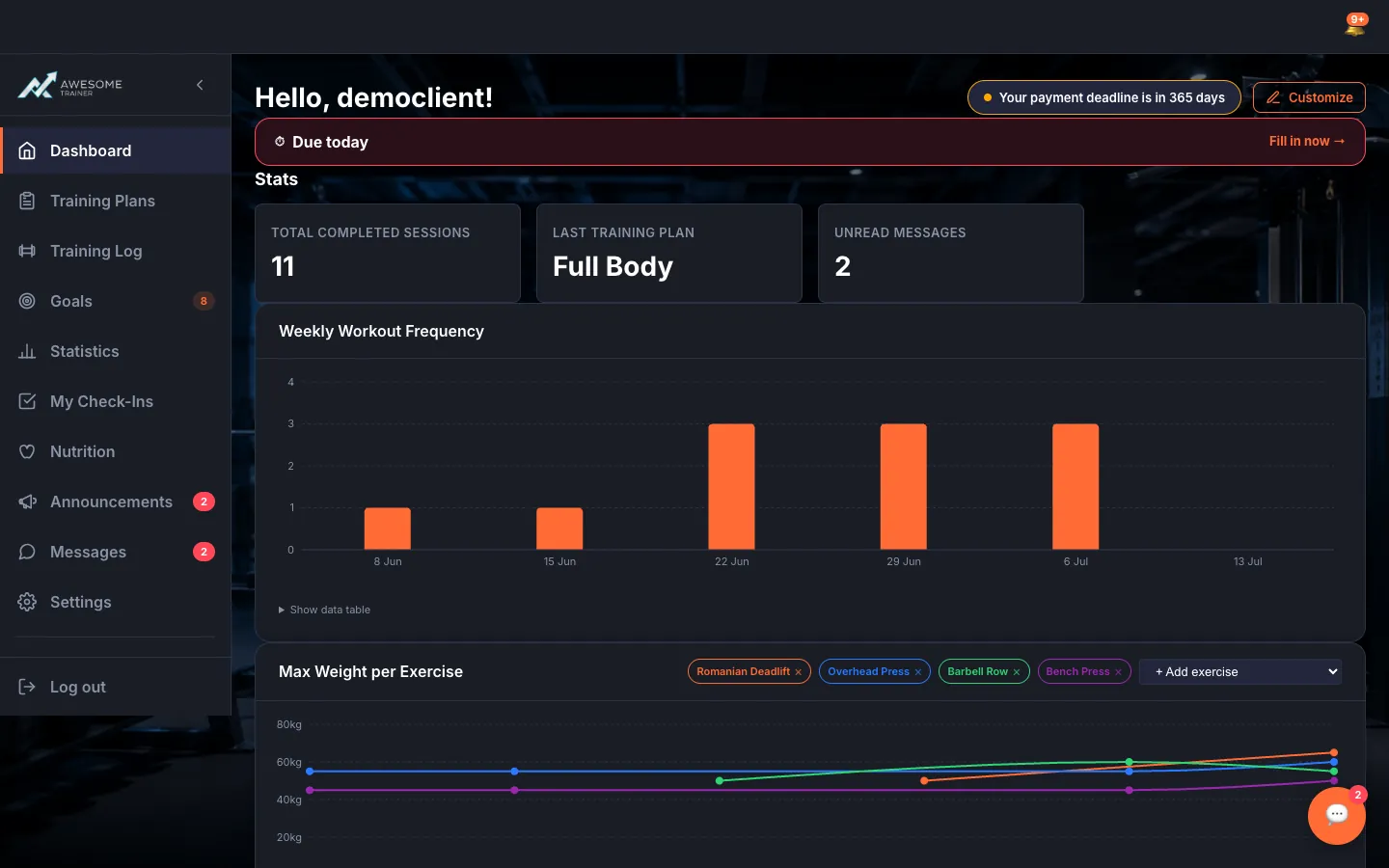 The expanded left navigation bar for a client: Dashboard, Training Plans, Statistics, Goals, My Check-Ins, Nutrition, Messages, Settings items, with a few badges (e.g. unread messages), and Log out at the bottom.