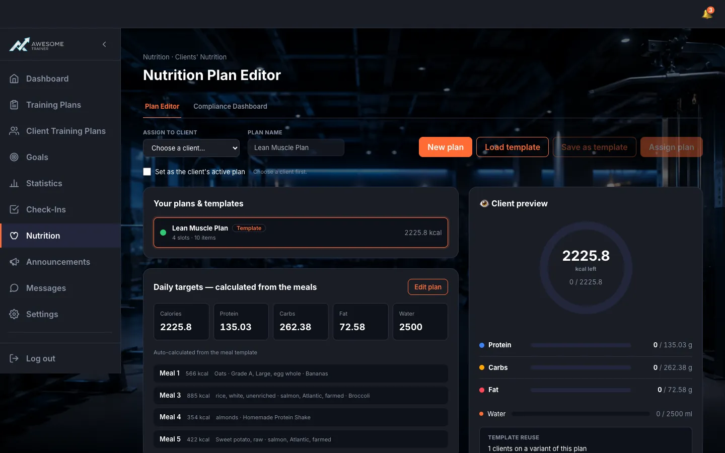 The "Nutrition Plan Editor": the "Your plans & templates" list on the left ("New plan", "Template" badges, kcal), the "Daily targets — calculated from the meals" and the meal template in the middle, the "Client preview" on the right, and at the bottom "Save plan" / "Save as template" and "Assign to client" + "Assign plan".