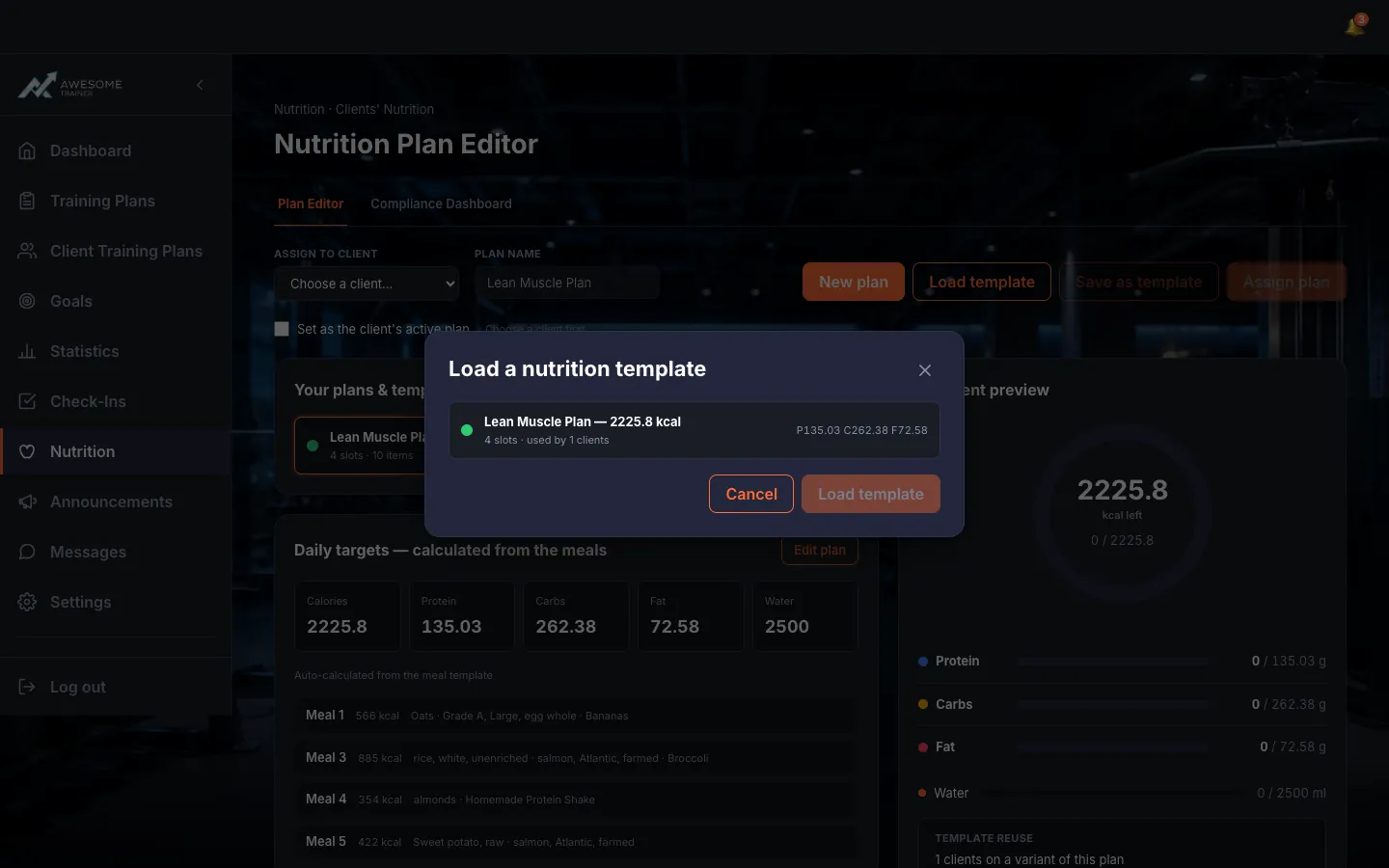 The "Load a nutrition template" list with templates ("… — … kcal", "… slots · used by … clients") and the "Load template" button.