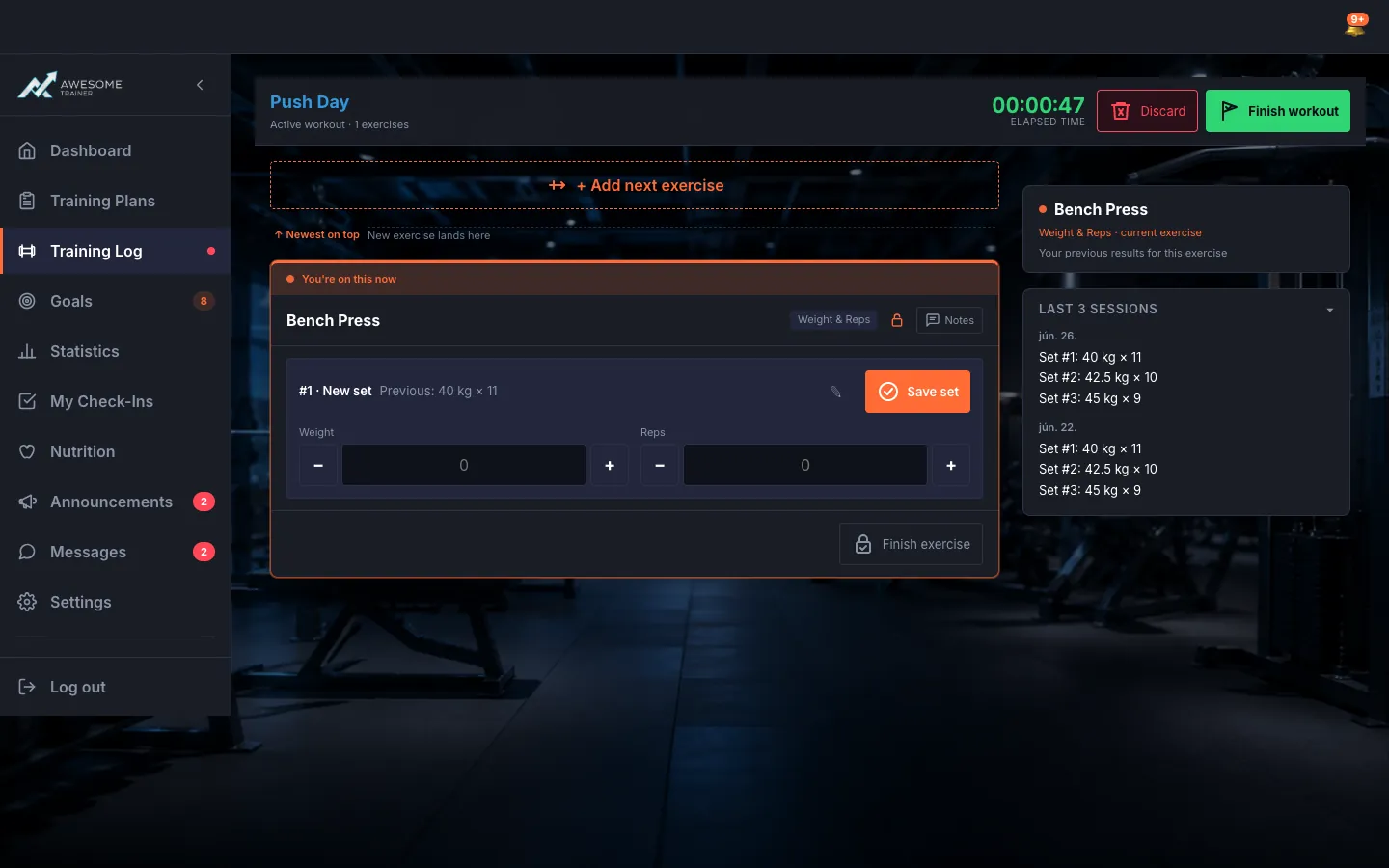 The active workout screen: "Training plan: …" and "Elapsed time" at the top, the Current/History tabs, a current exercise's set-recording grid (WEIGHT/REPS fields, +/- buttons, "Save set"), and the "+ Add next exercise" button.