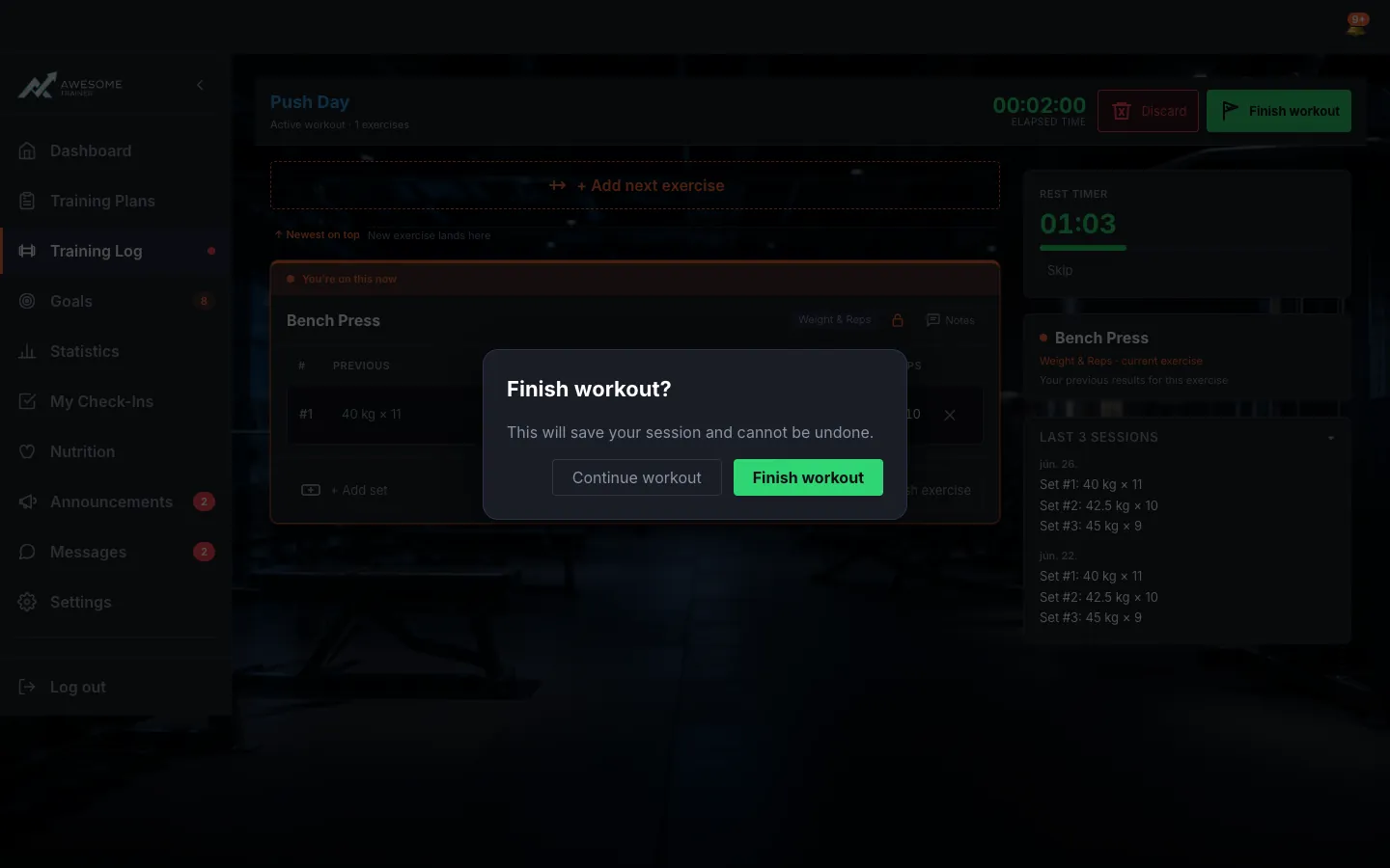The "Finish workout?" confirmation dialog with the "This will save your session and cannot be undone." text, and the "Continue workout" and "Finish workout" buttons.