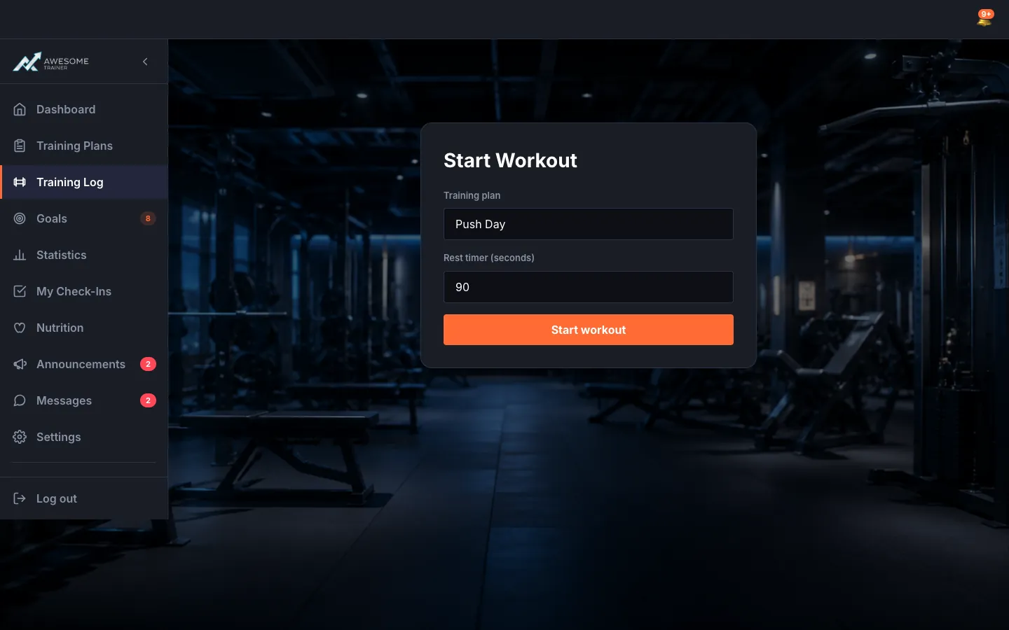 The "Start Workout" screen: the "Training plan" dropdown (with a plan selected), the "Rest timer (seconds)" field and the "Start workout" button.